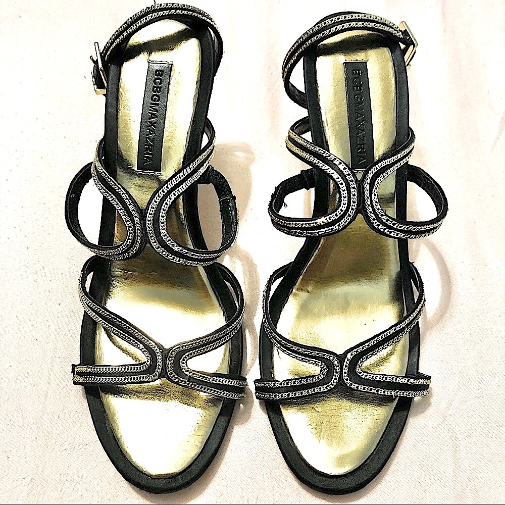 BCBG MaxAzaria Stiletto Strap High Heels  Black/Gold Size 9M